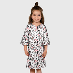 Платье клеш для девочки Бело-розовые цветы с черной обводкой, цвет: 3D-принт — фото 2