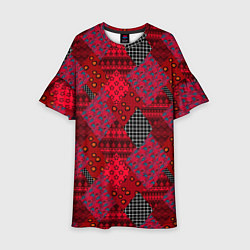 Платье клеш для девочки Красный лоскутный узор пэчворк, цвет: 3D-принт