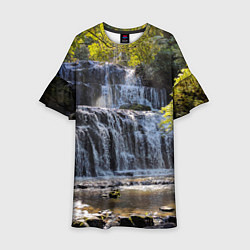 Платье клеш для девочки Водопад, солнечные лучи и лес, цвет: 3D-принт