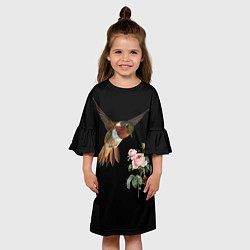 Платье клеш для девочки Птицы колибри розы на черном фоне, цвет: 3D-принт — фото 2