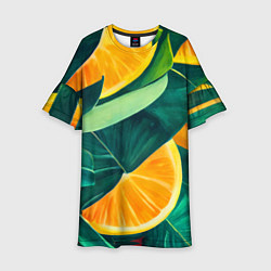 Платье клеш для девочки Листья монстеры и дольки апельсинов, цвет: 3D-принт