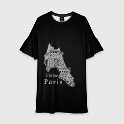 Платье клеш для девочки Эйфелева башня и надпись Я люблю Париж на черном ф, цвет: 3D-принт