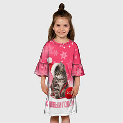 Платье клеш для девочки Новогодний котенок на розовом фоне, цвет: 3D-принт — фото 2