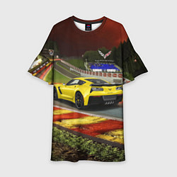 Платье клеш для девочки Chevrolet Corvette на гоночной трассе, цвет: 3D-принт