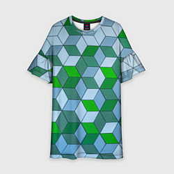 Платье клеш для девочки Зелёные и серые абстрактные кубы с оптической иллю, цвет: 3D-принт