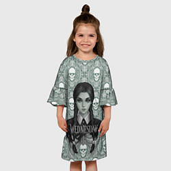 Платье клеш для девочки Уэнсдэй на фоне черепков, цвет: 3D-принт — фото 2