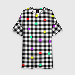 Платье клеш для девочки Черно-белая клетка с цветными квадратами, цвет: 3D-принт