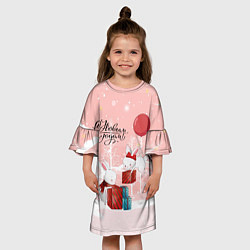 Платье клеш для девочки Зайчики упаковывают подарки к новому году, цвет: 3D-принт — фото 2