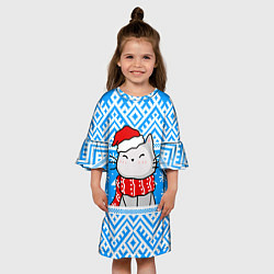 Платье клеш для девочки Котик в новогодней шапочке, цвет: 3D-принт — фото 2