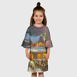 Платье клеш для девочки Заснеженные деревья и новогодний коттедж с гирлянд, цвет: 3D-принт — фото 2
