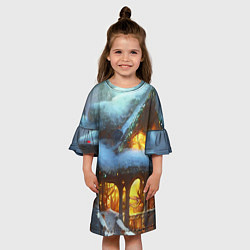Платье клеш для девочки Новогодний коттедж с гирляндами в заснеженном лесу, цвет: 3D-принт — фото 2