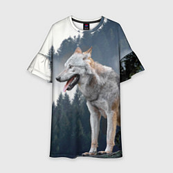 Платье клеш для девочки Волк на фоне леса, цвет: 3D-принт