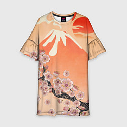 Платье клеш для девочки Ветка цветущей сакуры и вулкан, цвет: 3D-принт
