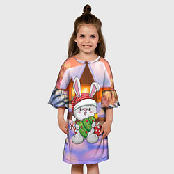 Платье клеш для девочки Новый год - зайчик с елочкой, цвет: 3D-принт — фото 2