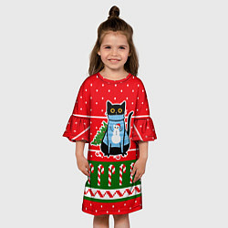 Платье клеш для девочки Котик в синем свитере с ёлочкой, цвет: 3D-принт — фото 2