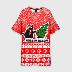 Платье клеш для девочки С новым годом - котик и ёлка, цвет: 3D-принт