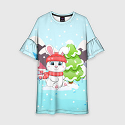 Платье клеш для девочки Зайчик рядом с елочкой, цвет: 3D-принт