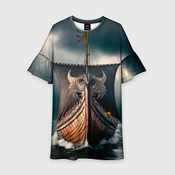 Платье клеш для девочки Корабль в бушующем море, цвет: 3D-принт