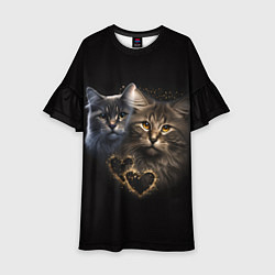 Платье клеш для девочки Влюбленные кот и кошка с сердечками, цвет: 3D-принт