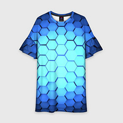 Платье клеш для девочки Голубые соты шейповая абстракция, цвет: 3D-принт