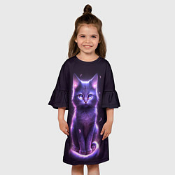 Платье клеш для девочки Неоновый котик в лесу, цвет: 3D-принт — фото 2