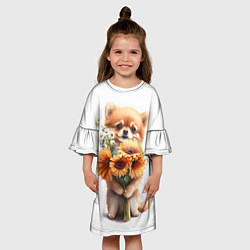 Платье клеш для девочки Милый щенок с подсолнухами и ромашками, цвет: 3D-принт — фото 2