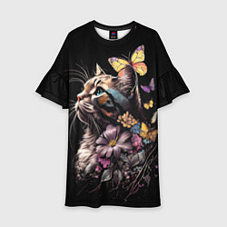 Платье клеш для девочки Голубоглазый кот в цветах, цвет: 3D-принт