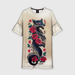 Платье клеш для девочки Irezumi - татуировка лиса в розах, цвет: 3D-принт