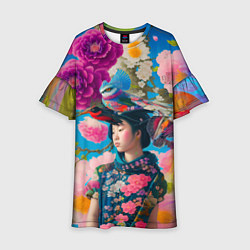 Платье клеш для девочки Девочка с птицами среди цветов - мскусство, цвет: 3D-принт