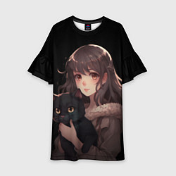 Платье клеш для девочки Девушка с черным котенком, цвет: 3D-принт