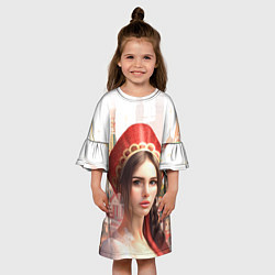 Платье клеш для девочки Девушка в кокошнике с косой - кремль, цвет: 3D-принт — фото 2