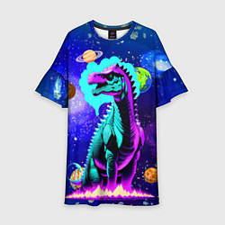 Платье клеш для девочки Динозавр в космосе - неоновое свечение, цвет: 3D-принт
