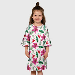 Платье клеш для девочки Арбузы, цветы и тропические листья, цвет: 3D-принт — фото 2