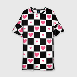 Платье клеш для девочки Розовые сердечки на фоне шахматной черно-белой дос, цвет: 3D-принт