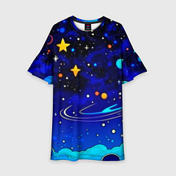 Платье клеш для девочки Мультяшный космос темно-синий, цвет: 3D-принт