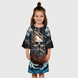 Платье клеш для девочки Тату ирезуми черепа пирата на корабле в шторм, цвет: 3D-принт — фото 2