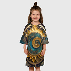 Платье клеш для девочки Синий золотой водоворот декоративный орнамент, цвет: 3D-принт — фото 2