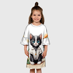 Платье клеш для девочки Котенок на цветочной поляне, цвет: 3D-принт — фото 2