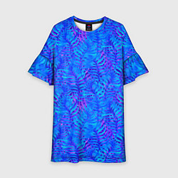Платье клеш для девочки Синие неоновые листья, цвет: 3D-принт
