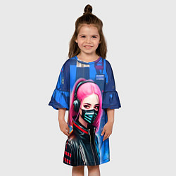 Платье клеш для девочки Девушка с розовыми волосами - киберпанк, цвет: 3D-принт — фото 2