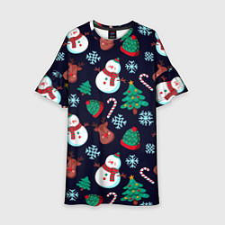 Платье клеш для девочки Снеговички с рождественскими оленями и елками, цвет: 3D-принт