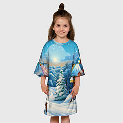 Платье клеш для девочки Зимний домик и елка, цвет: 3D-принт — фото 2