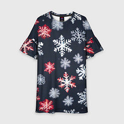 Платье клеш для девочки Снежинки белые и красные, цвет: 3D-принт