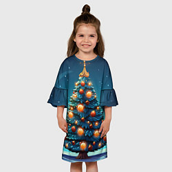Платье клеш для девочки Новогодняя елка с шарами, цвет: 3D-принт — фото 2