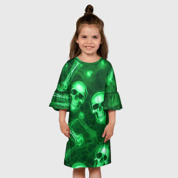 Платье клеш для девочки Зелёные черепа и кости, цвет: 3D-принт — фото 2
