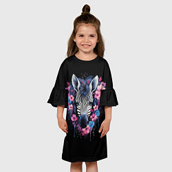 Платье клеш для девочки Портрет зебры в цветах, цвет: 3D-принт — фото 2
