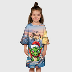 Платье клеш для девочки Милый зеленый дракончик 2024, цвет: 3D-принт — фото 2
