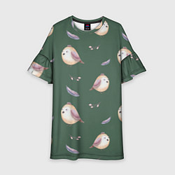 Платье клеш для девочки Птички и перышки на зеленом, цвет: 3D-принт