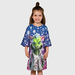 Платье клеш для девочки Зеленый дракон и снежинки, цвет: 3D-принт — фото 2