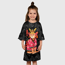 Платье клеш для девочки Кот самурай в розовом кимоно, цвет: 3D-принт — фото 2